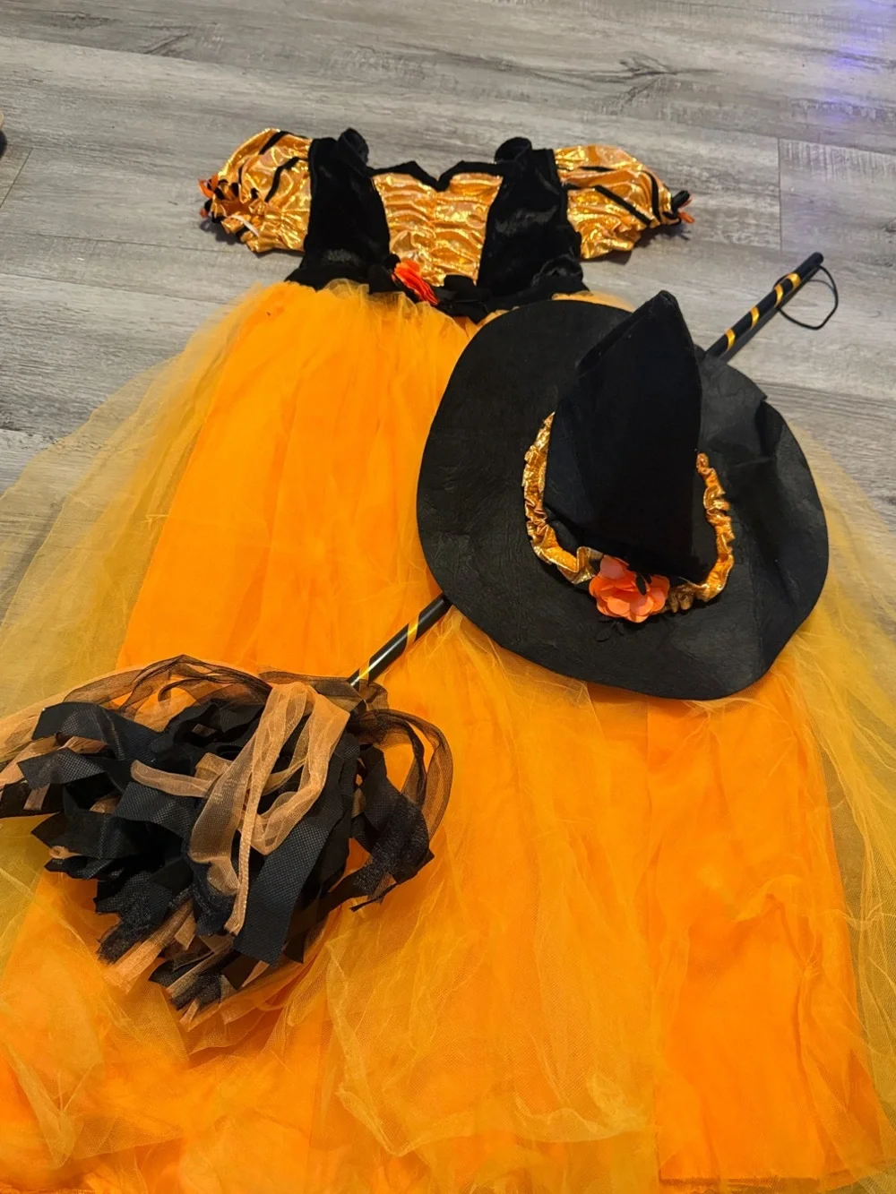 Girls Orange & Black Witch Costume with Hat and Broom